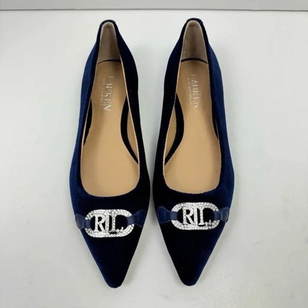 NEW Lauren Ralph Lauren | Lilah Navy Blue Velvet Crystal Logo Pointed Toe Flat - Picture 3 of 11